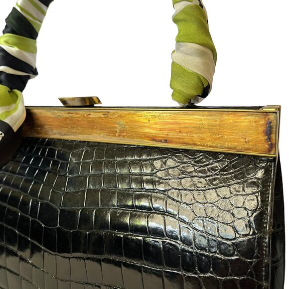 Vintage Genuine Alligator Black Top-Handle Handbag with Oscar de la Renta Scarf - Picture 11 of 14